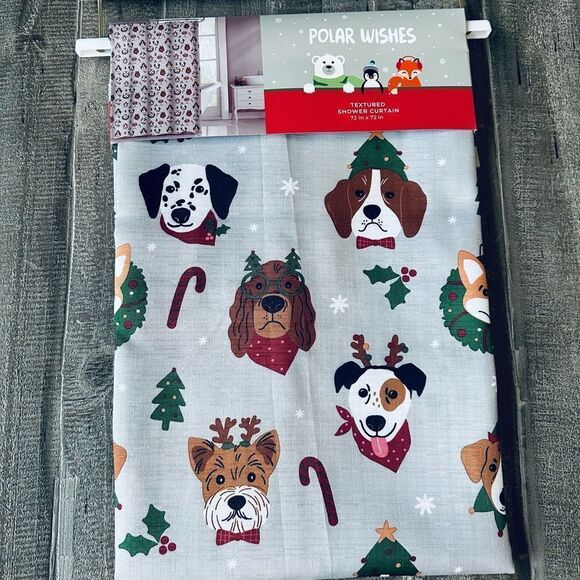 Christmas Dogs Holly Print Holiday Textured Fabric Shower Curtain - Picture 1 of 3